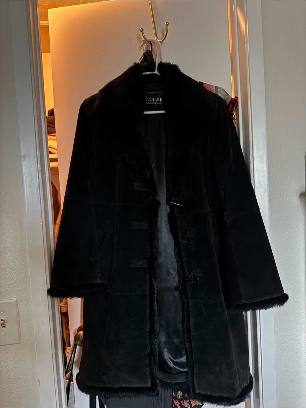 Black suede fur trim women’s coat